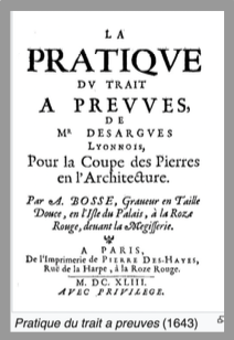 Old book cover titled "La Pratique du Trait à Preuves" by M. Desargues