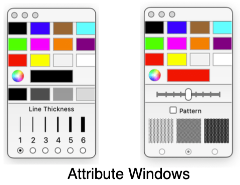 Two attribute windows for design tools, showing color palettes, line thickness options, a color wheel, and pattern selection with a slider.