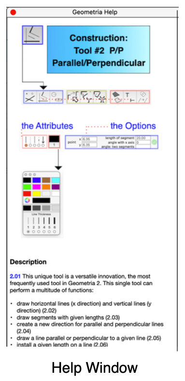 Screenshot of Geometria Help Window showing Construction Tool #2 for parallel and perpendicular lines.