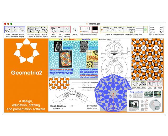 Geometria2 software interface displaying tiling patterns, geometric designs